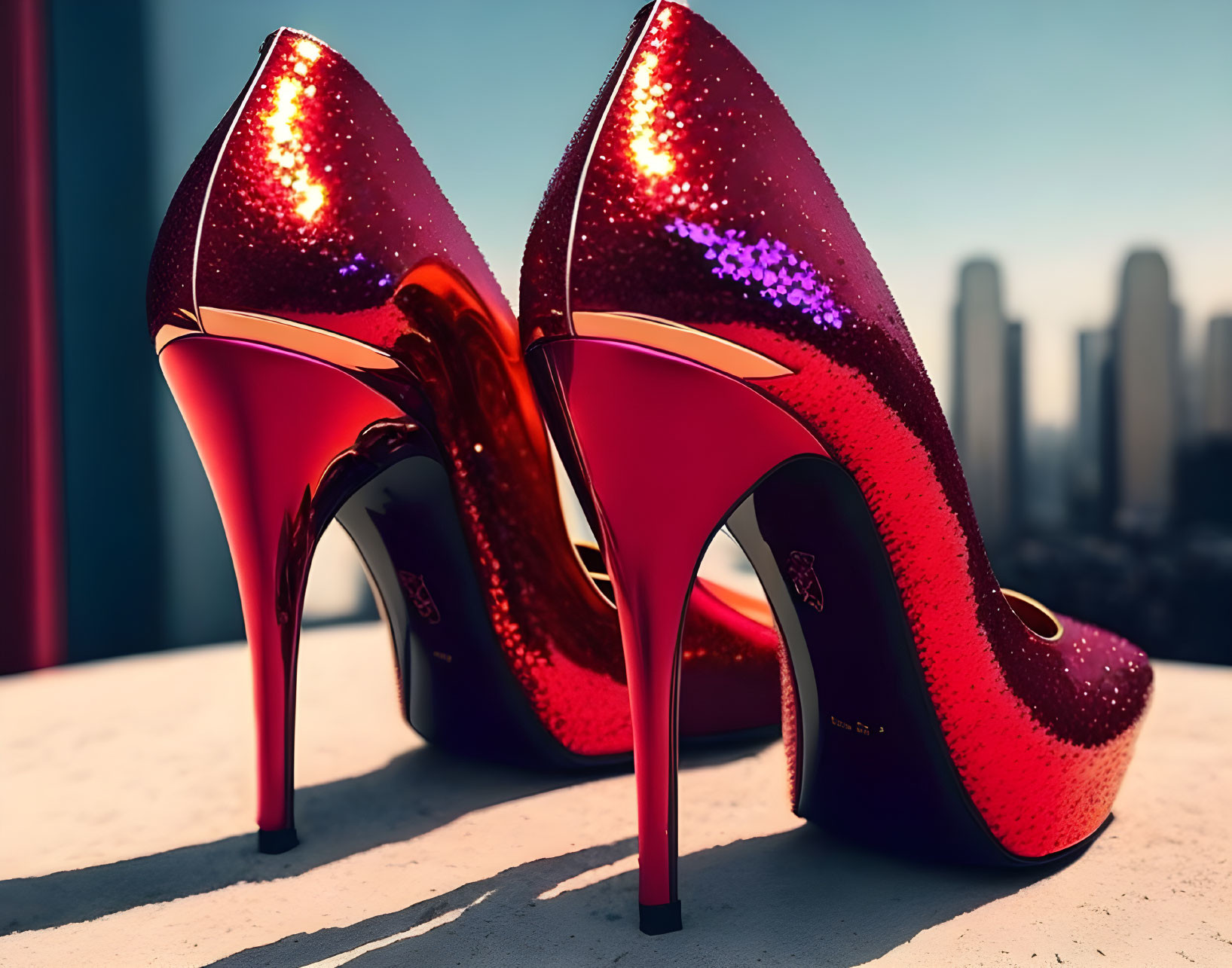 Sparkling red high-heeled shoes against cityscape backdrop