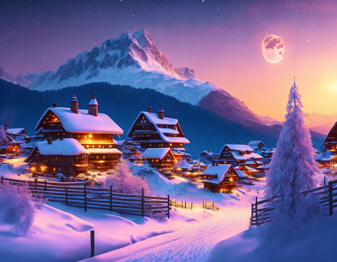 Snow-covered village with chalets at dusk, starry sky, full moon, and majestic mountain.