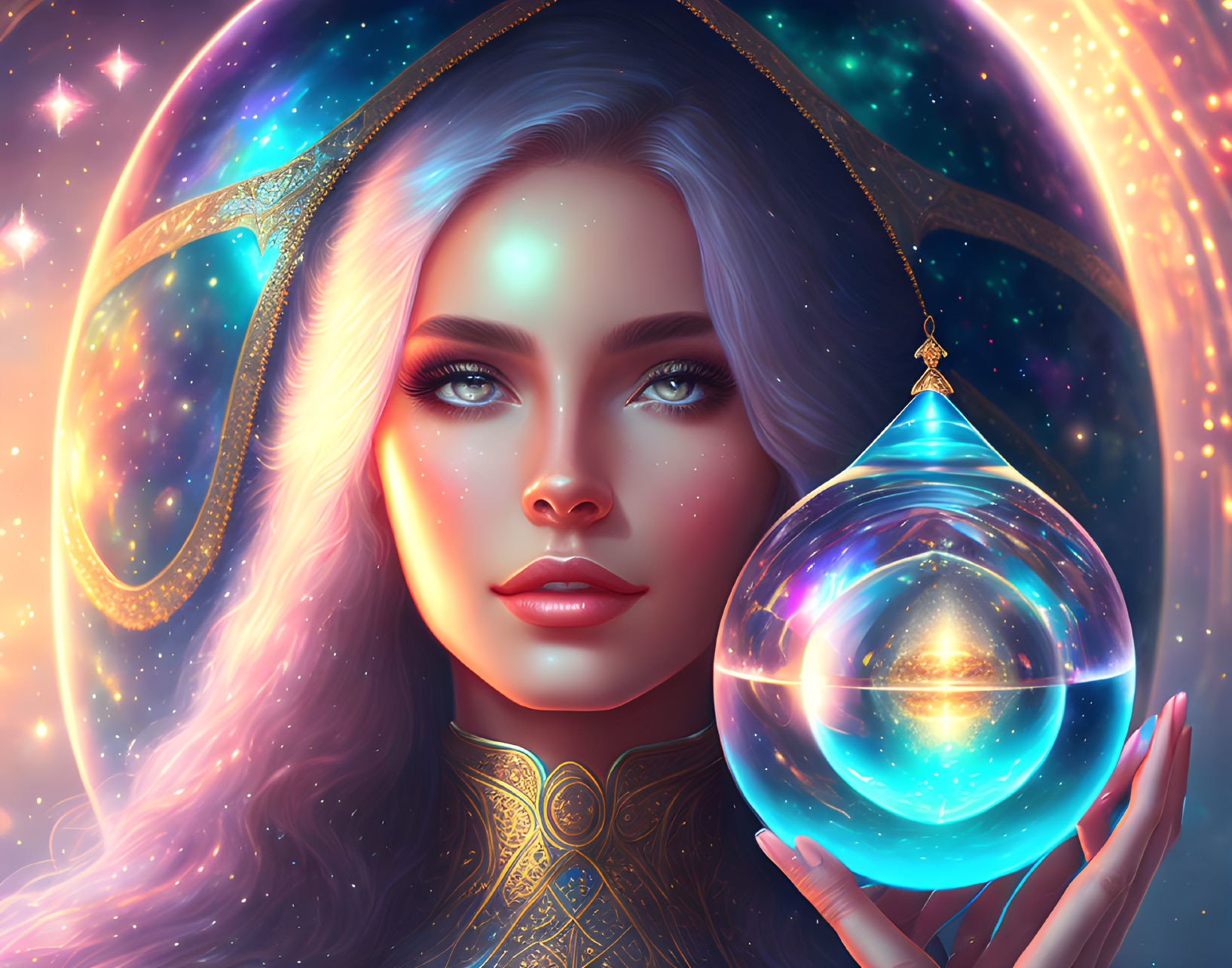 Mystical Woman with Blue Eyes Holding Glowing Orb and Cosmic Elements