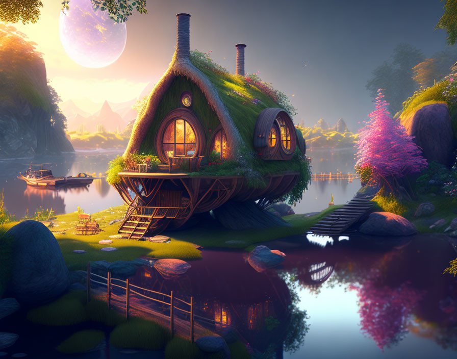 Round cottage with grass roof near lake at twilight with moon, flora, and boat