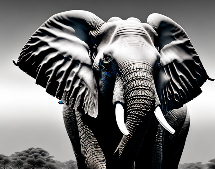 Majestic elephant with tusks and flared ears in cloudy sky scenery