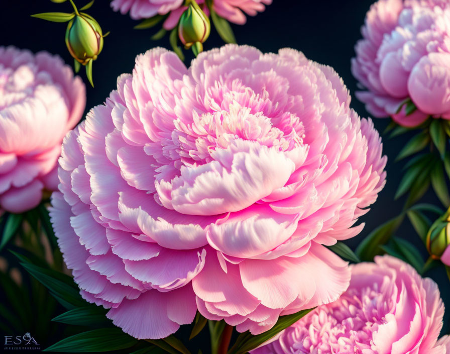 Vibrant pink peonies in full bloom on dark background