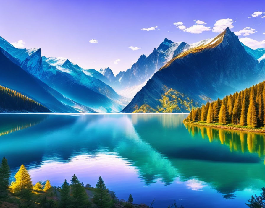 Tranquil landscape with blue lake, mountains, and green trees