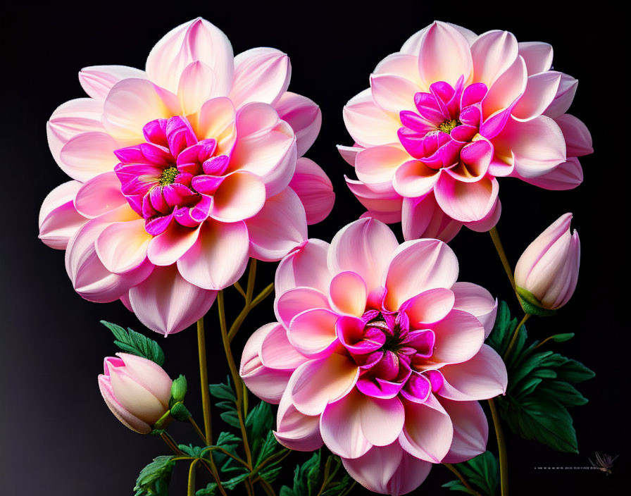 Colorful Pink and White Dahlias on Dark Background