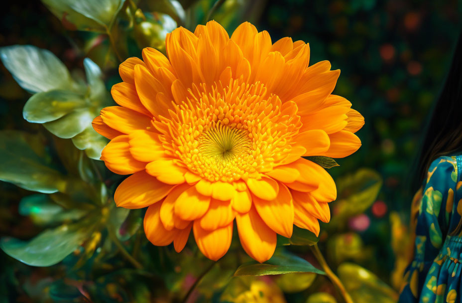 Colorful gerbera daisy with green foliage and person in blue clothing.