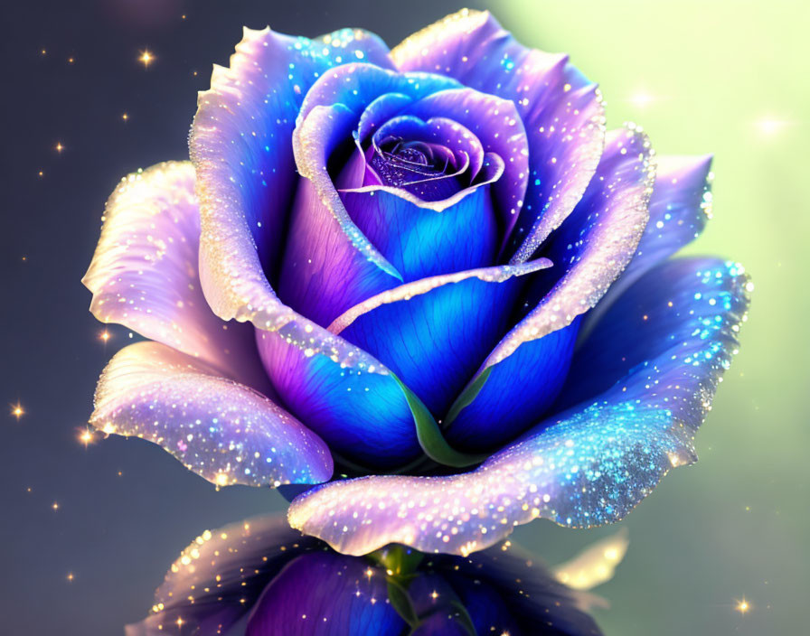 Digitally enhanced blue rose with purple gradient edges and shimmering dew drops.