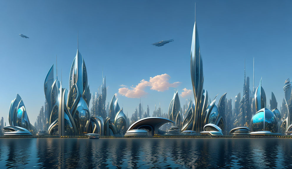 Futuristic cityscape with towering structures and flying vehicles against blue sky