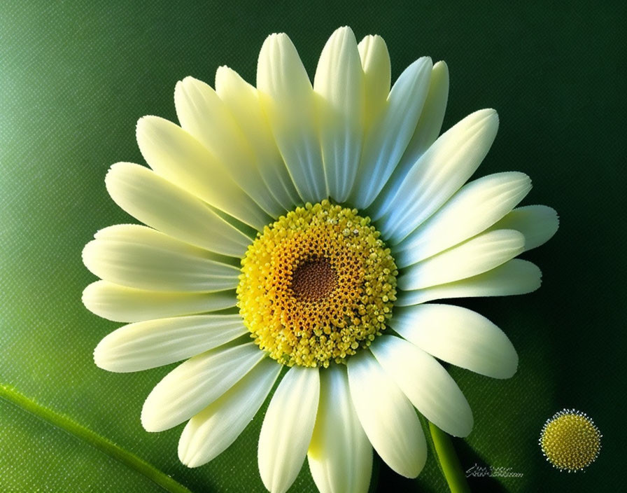 Vibrant white daisy with yellow center on textured green background