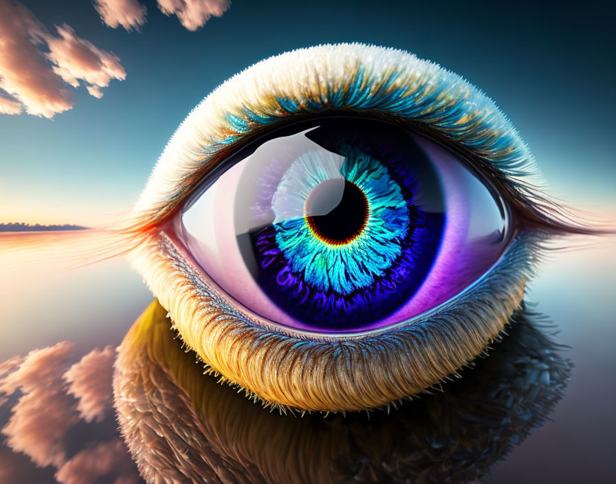 Detailed Close-Up: Human Eye with Blue Iris and Sky Reflection