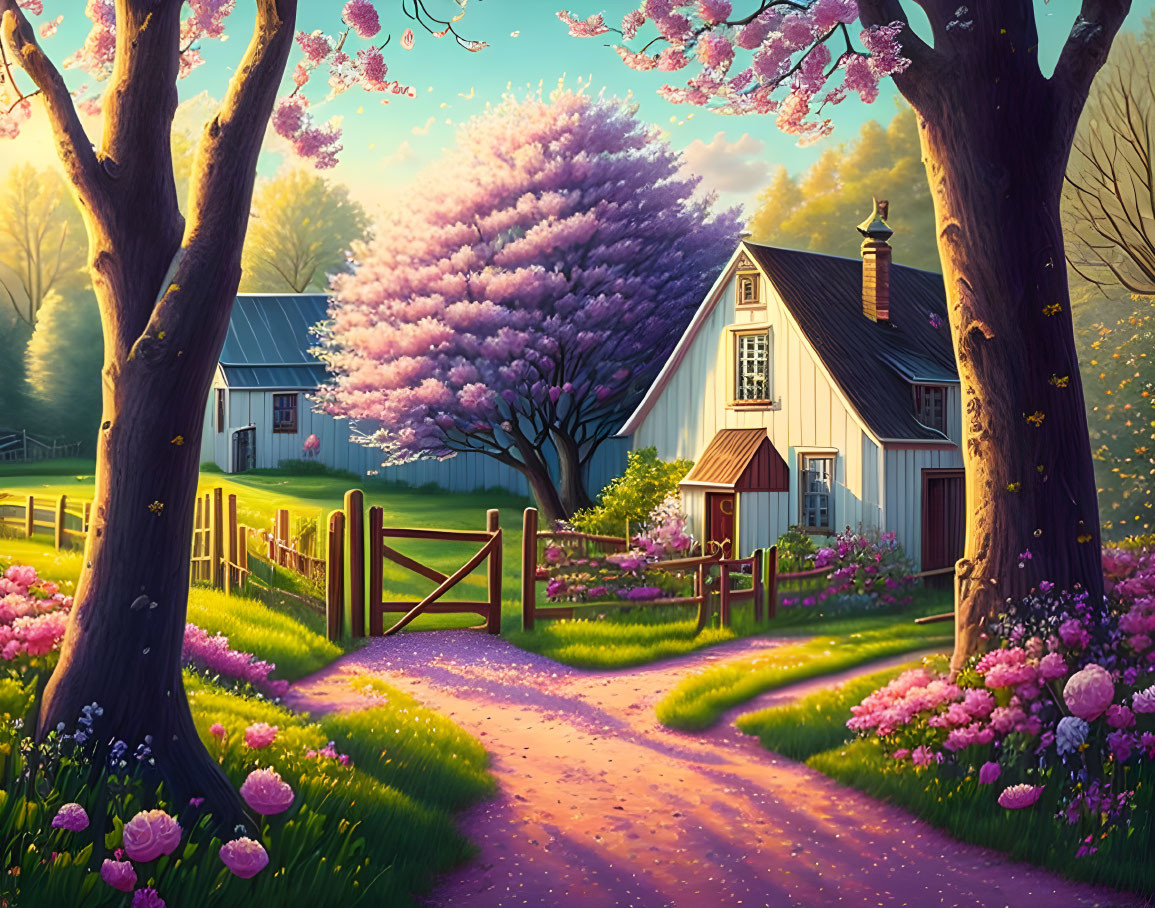 Tranquil countryside scene with white house, purple trees, green lawn, and winding path