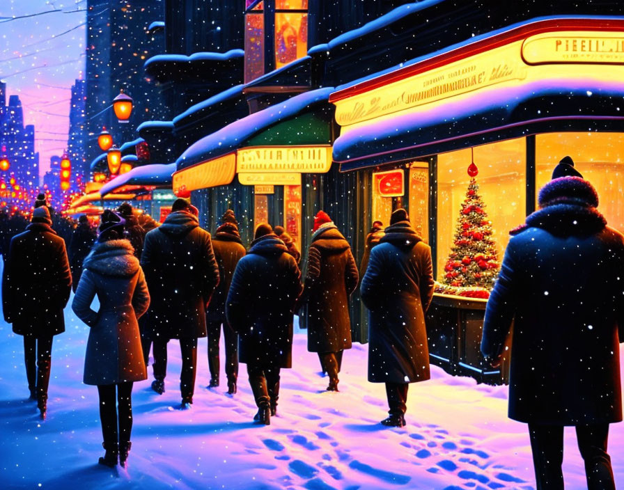 Snow-covered city street at night with colorful lights and Christmas tree.