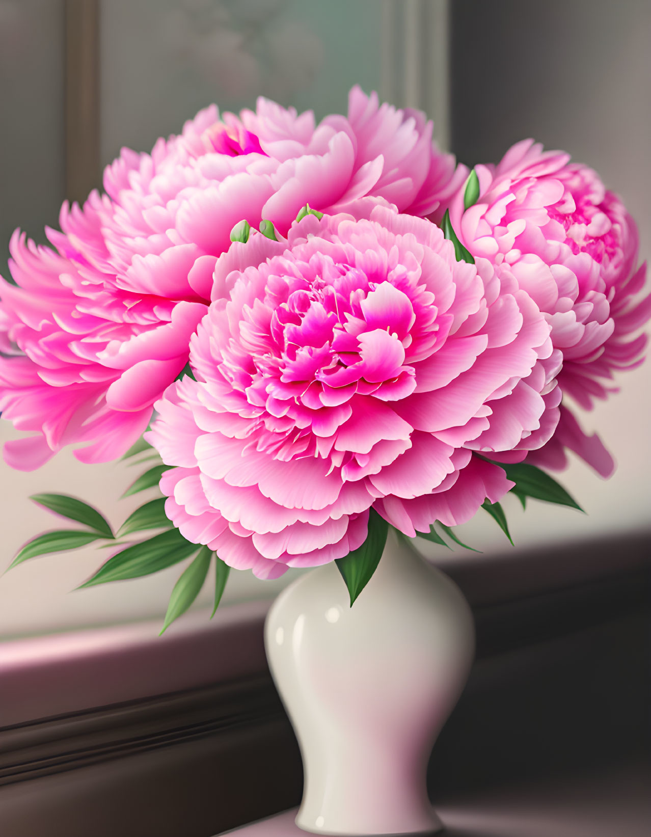 Pink peonies bouquet in white vase near window with soft lighting