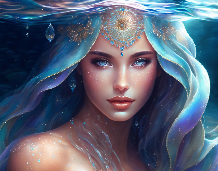 Ethereal blue-haired woman in mystical water scene