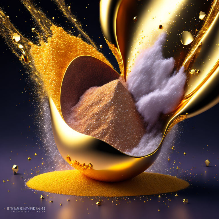 Heart-shaped object spills golden glitter on cloud-like material against dark backdrop