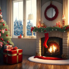 Festive Christmas interior with tree, gifts, stockings, fireplace, and snowy view