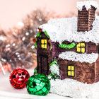 Snow-covered cottage with festive decorations and warm light in tranquil winter landscape