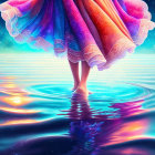 Person in Galaxy-Themed Dress Standing on Water