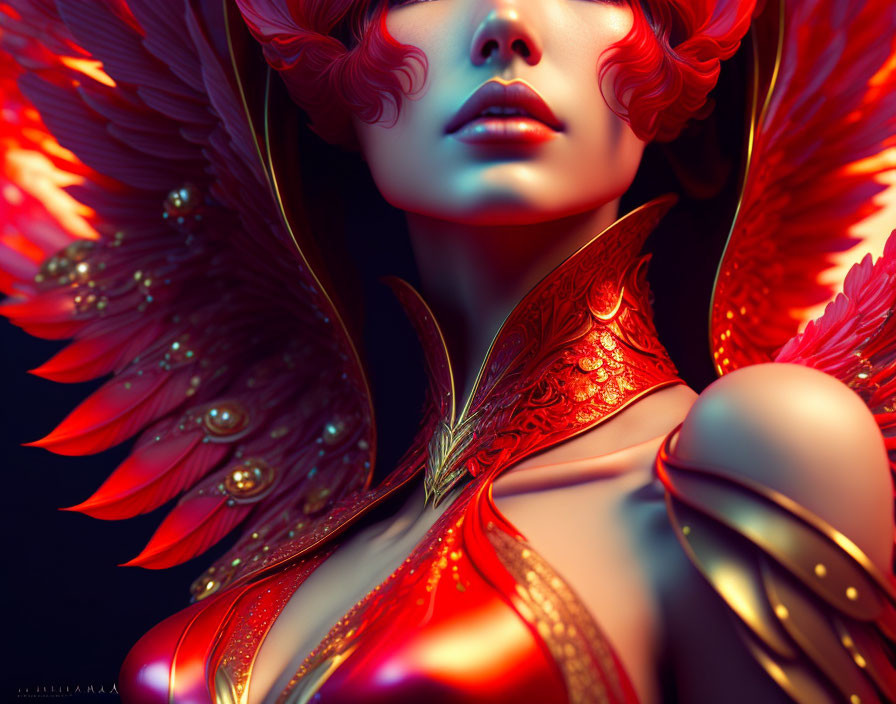 Digital artwork: Female character with red hair in intricate gold and red winged armor