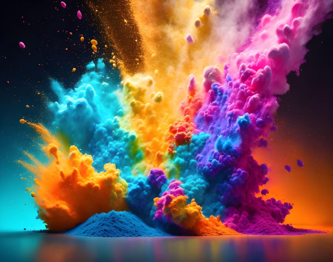 Colorful Powder Explosion at Twilight Sky Reflecting on Calm Surface