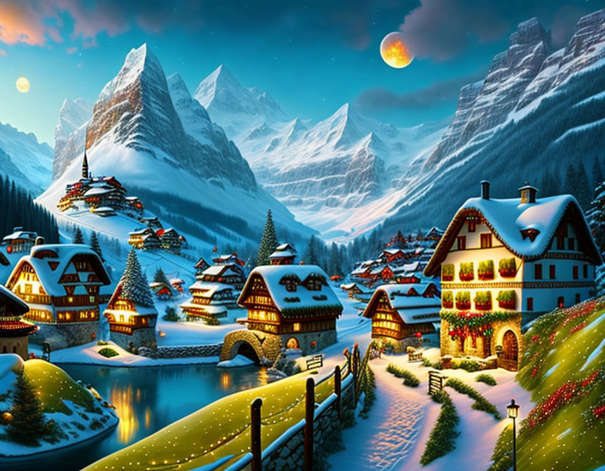 Snow-covered winter village at night: houses, river, mountains, full moon