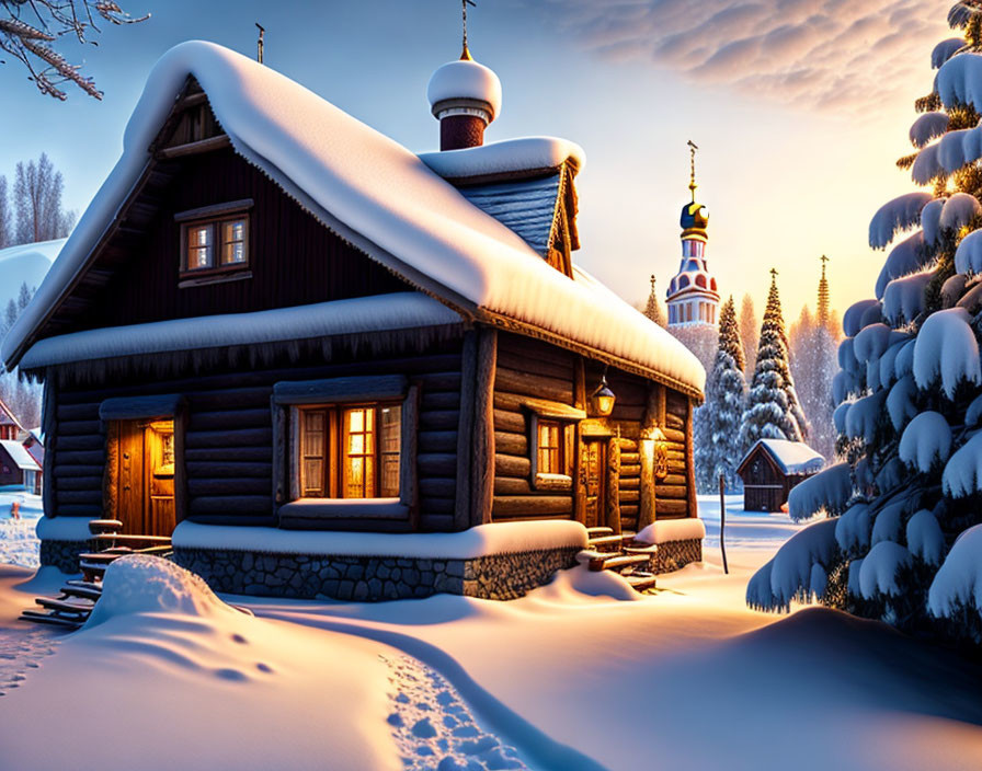 Snow-covered wooden cabin in winter twilight with church spire.