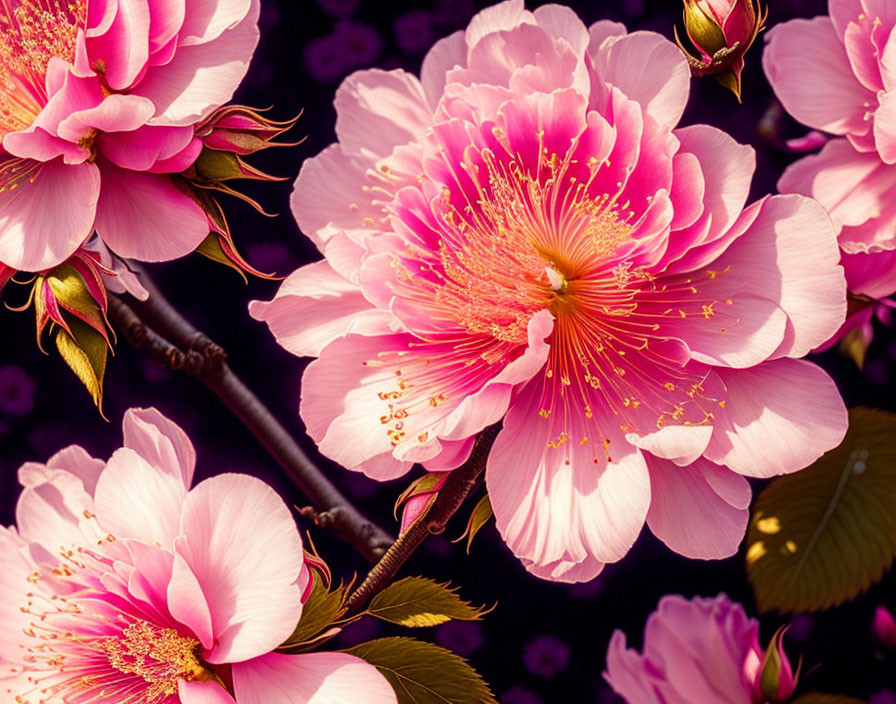 Pink Cherry Blossoms with Golden Stamens on Dark Background