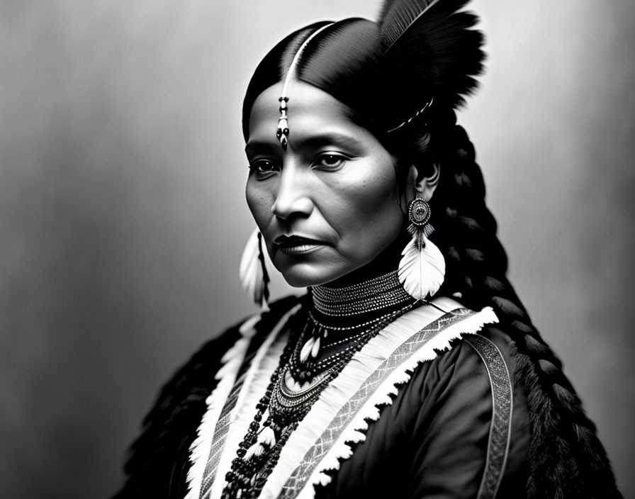 Monochrome portrait of woman in Native American attire