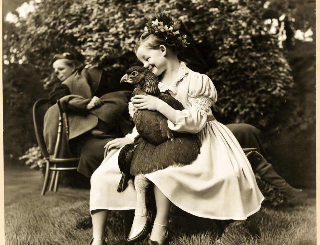 Vintage Photo: Smiling Girl with Chicken in Garden