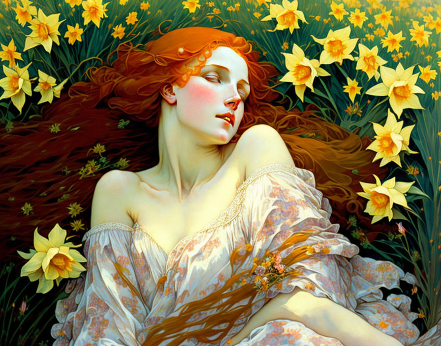 Woman with Red Hair Relaxing Among Yellow Daffodils