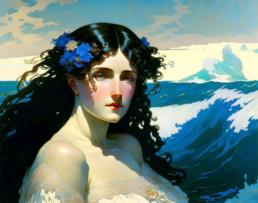 Illustration of tearful woman with dark hair and blue flowers against blue waves and sky