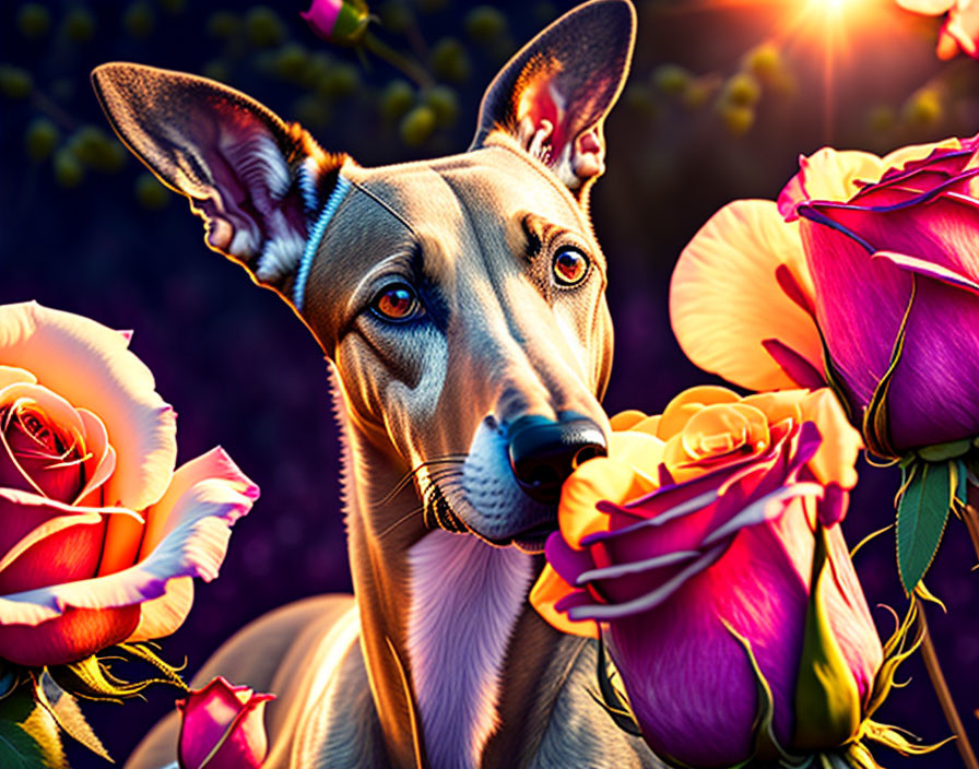 Brown Dog with Large Ears Among Colorful Roses in Warm Light