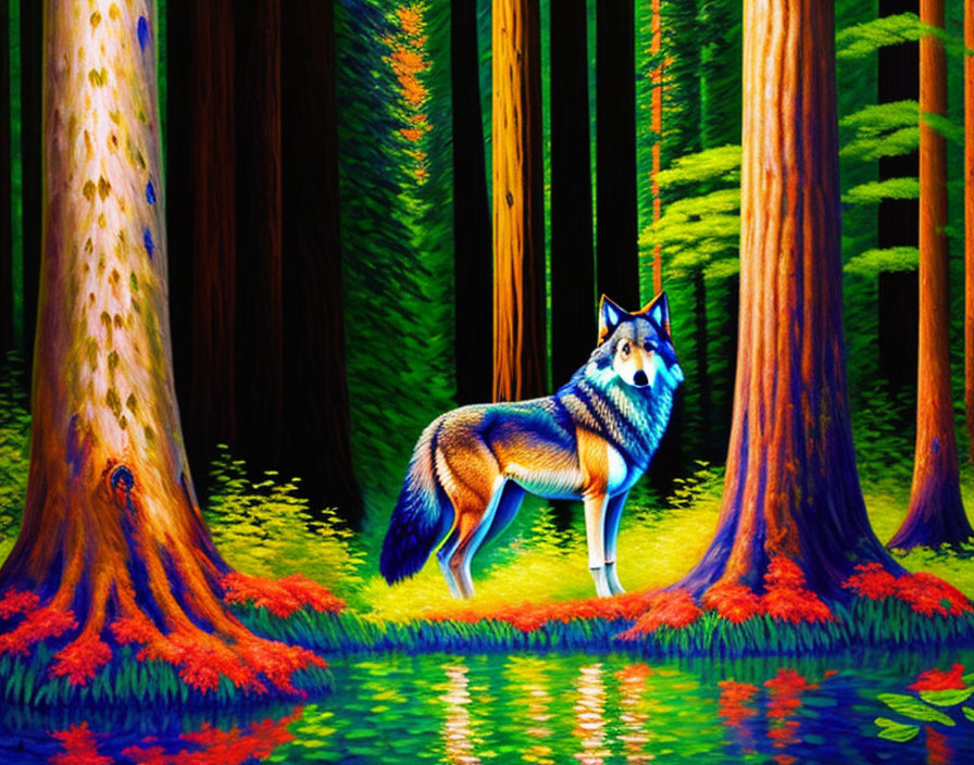 Colorful Wolf in Fantasy Forest with Glowing Trees