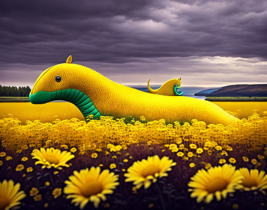 Giant yellow sea creature in sunflower field under stormy sky