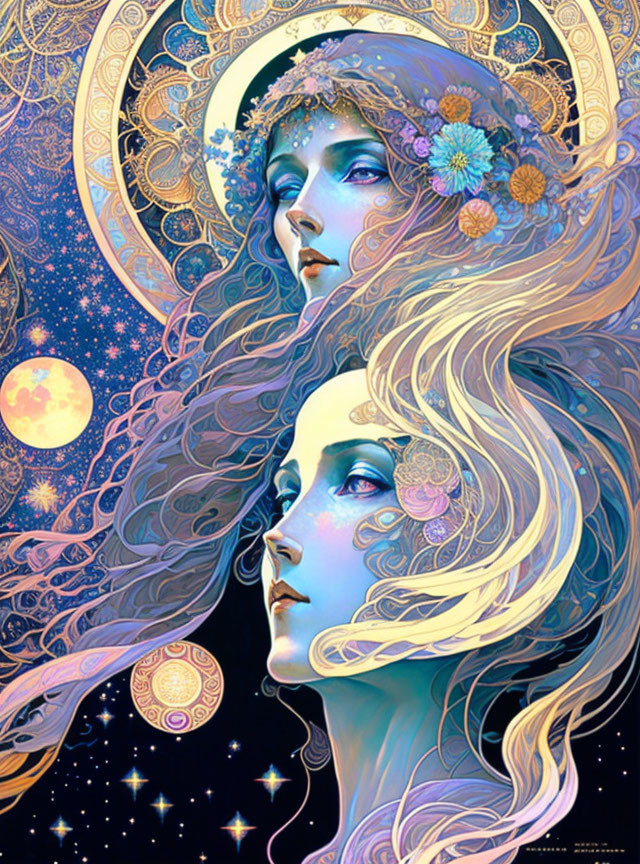 Illustration of two stylized female figures with floral hair in celestial setting