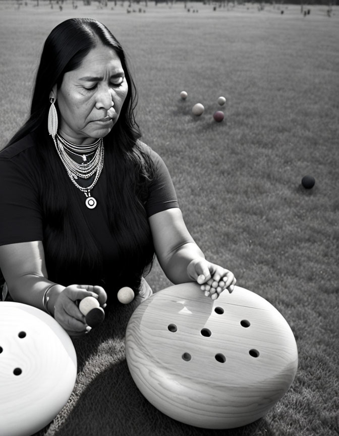 Woman interacting with large button-like sculptures on grass with scattered balls.