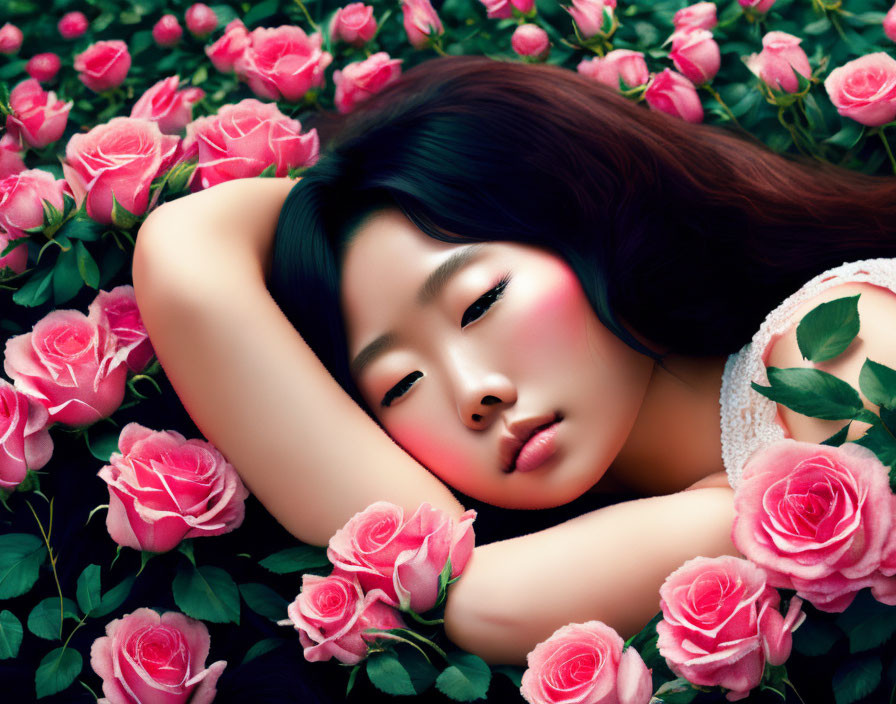 Serene Woman Surrounded by Pink Roses and Dark Hair