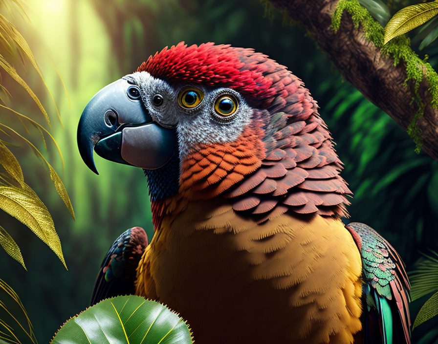 Vibrant Parrot with Red, Orange, and Blue Feathers in Lush Green Jungle