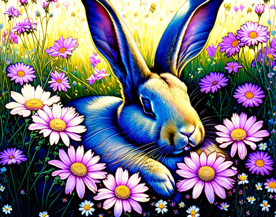 Colorful illustration: Blue rabbit in vibrant meadow with purple and white flowers