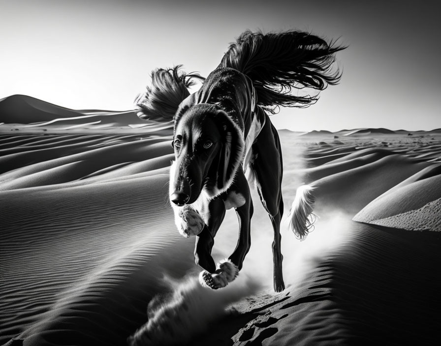 Monochrome photo: Dog running on sandy dunes with flowing fur