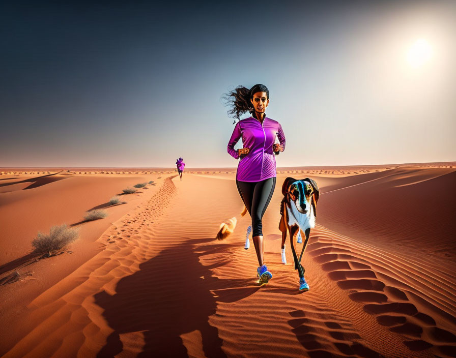 Two joggers and a dog on desert sand dune under clear sky.