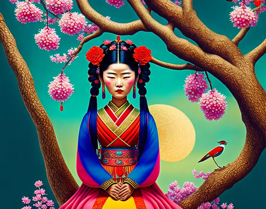 Colorful Illustration: Woman in Traditional Korean Dress under Blossoming Tree, Moonlit Background