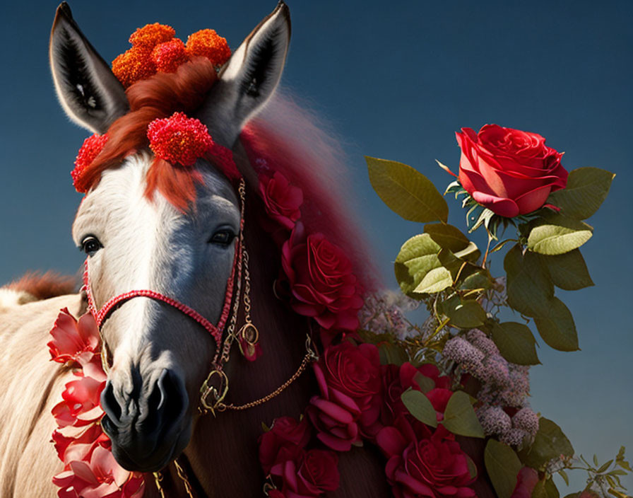 Colorful Floral Mane Horse Art Against Blue Sky