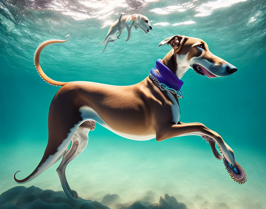 Whimsical underwater scene: two dogs with mermaid tails and bejeweled collar.