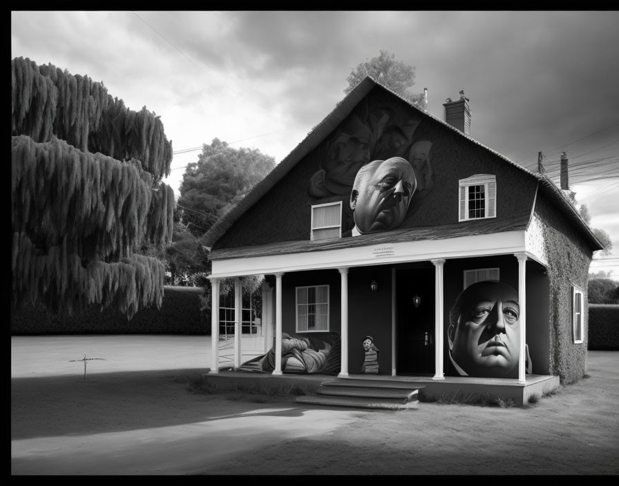 Monochrome image of house with intricate face murals