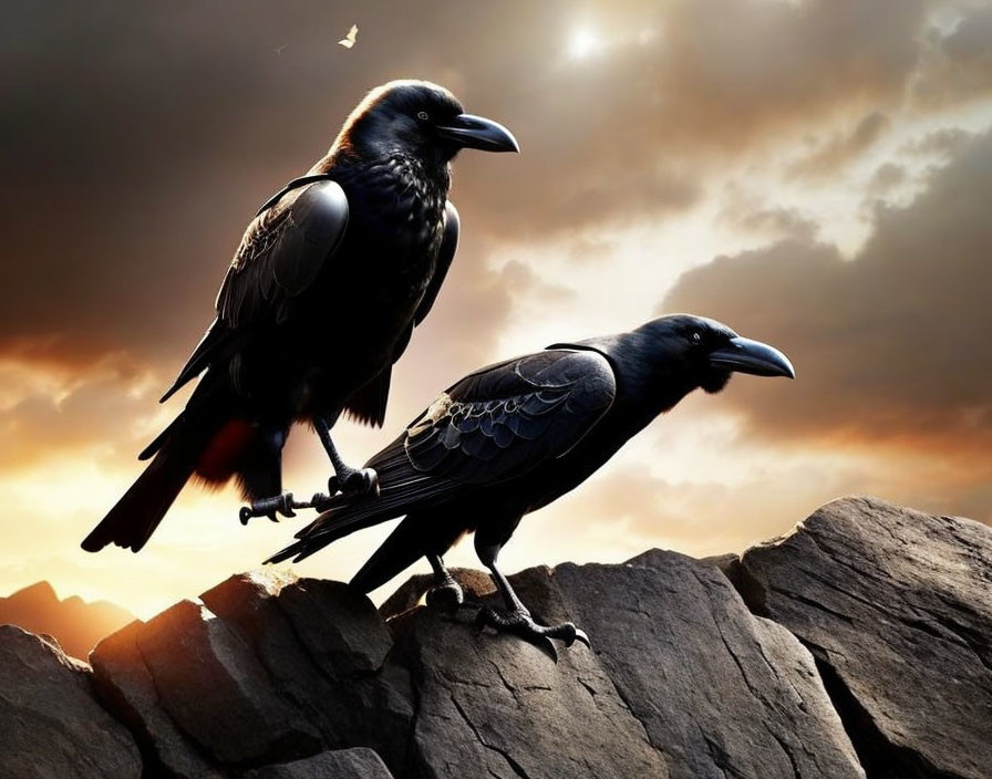 Two ravens on rocks under dramatic sunset sky with flying bird