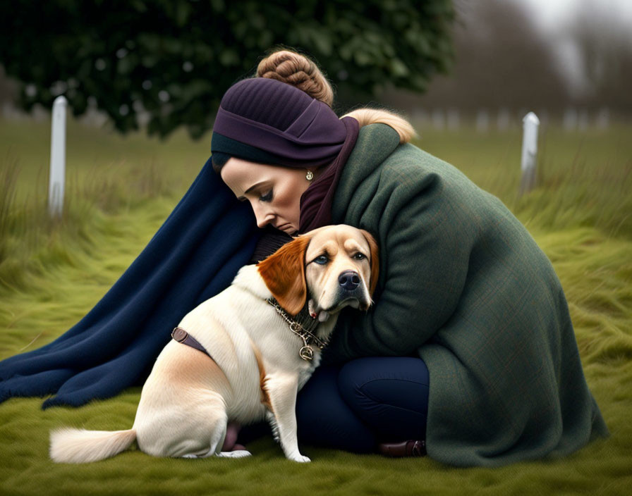 Woman in warm coat embraces beige dog on grass