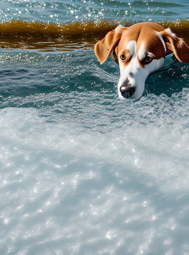 Floppy-eared beagle swimming in clear blue water