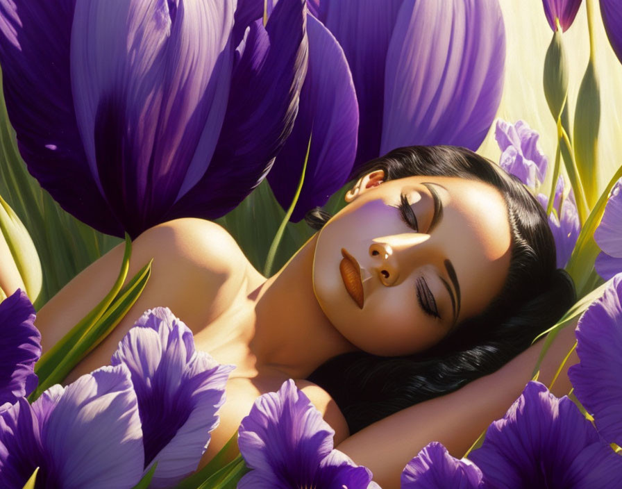 Woman Relaxing in Purple Flower Field Under Soft Sunlight