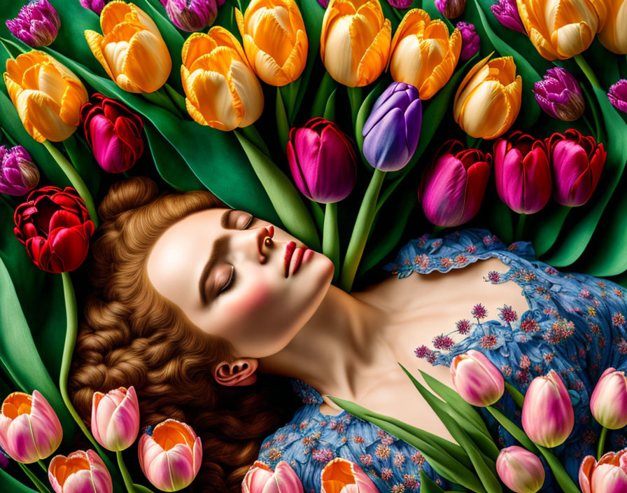 Woman with Braided Hair Surrounded by Tulips on Green Fabric