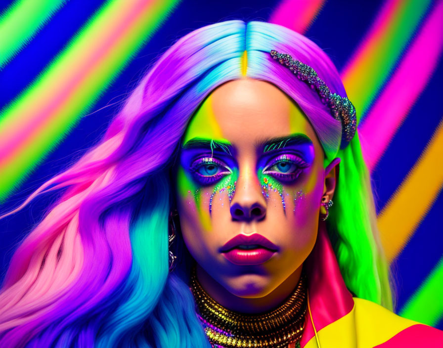 Colorful portrait of person with neon green and purple hair and dramatic makeup against striped background